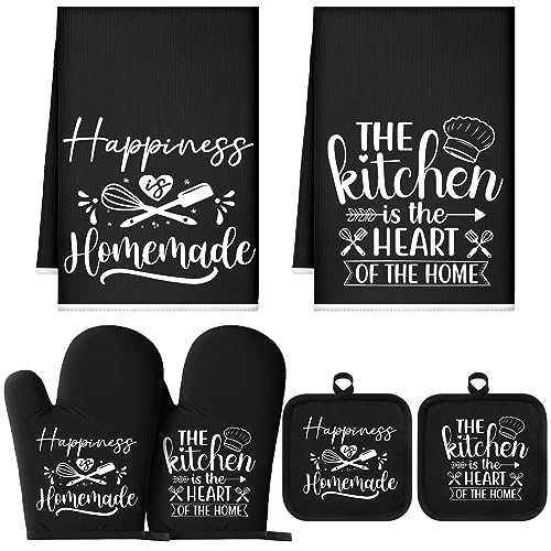 Sratte 6 Pcs Kitchen Decor Accessories Set, Kitchen, Black | Farmhouse Kitchen Towels Pot Holders Oven Mitts Set 2 Dish Towels 2 Potholders 2 Cooking Mittens for Baking Cooking Supply - color: Black, style: Kitchen