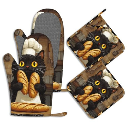 Funny Black Cat Oven Mitts and Pot Holders Chef Bread Silicone Kitchen Accessories Set of 4 Heat Resistant Non-Slip Long Gloves Potholder for Chef Cooking Baking Gifts Women Men - color: Funny Black Cat,chef Bread