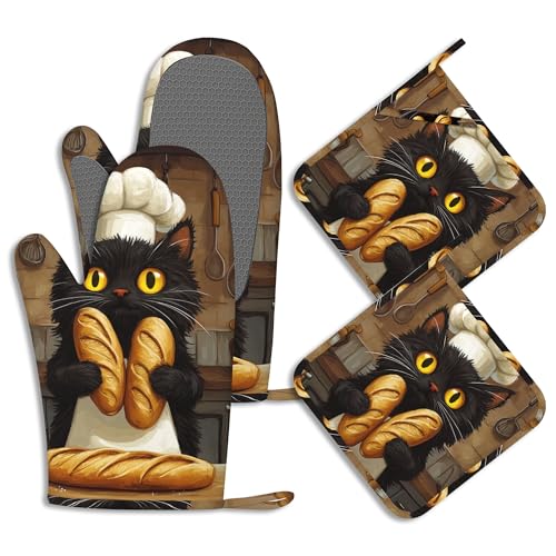 Funny Black Cat Oven Mitts and Pot Holders Chef Bread Silicone Kitchen Accessories Set of 4 Heat Resistant Non-Slip Long Gloves Potholder for Chef Cooking Baking Gifts Women Men - color: Funny Black Cat,chef Bread