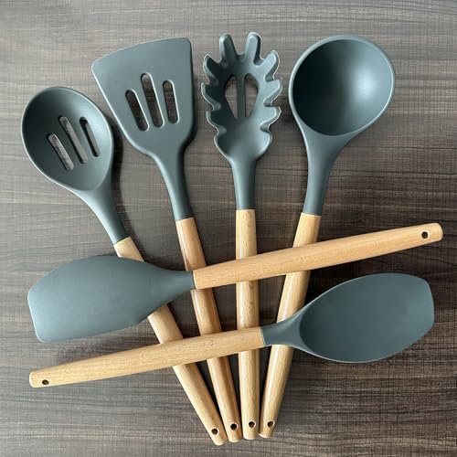 Kitchen Cooking Utensils Set, 6Pcs Silicone Kitchen Utensils Set Spatula Spoon Soup Ladle Turner, Heat Resistant Wooden Handle Silicone Cooking Gadgets for Nonstick Cookware & Baking BPA FREE - color: Gray, size: Standard 6-Piece Set