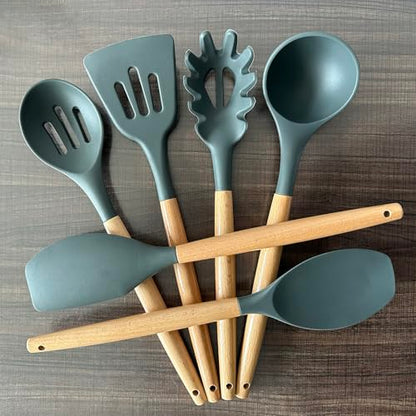 Kitchen Cooking Utensils Set, 6Pcs Silicone Kitchen Utensils Set Spatula Spoon Soup Ladle Turner, Heat Resistant Wooden Handle Silicone Cooking Gadgets for Nonstick Cookware & Baking BPA FREE - color: Gray, size: Standard 6-Piece Set