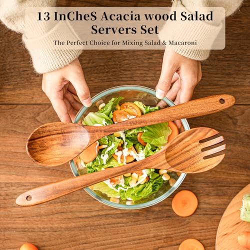 Gudamaye Acacia Wooden Salad Server Set,13 inch Salad Tongs for Serving including Salad Mixing Dinner Fork and Spoon,Long Handle Salad Server Set - color: Acacia