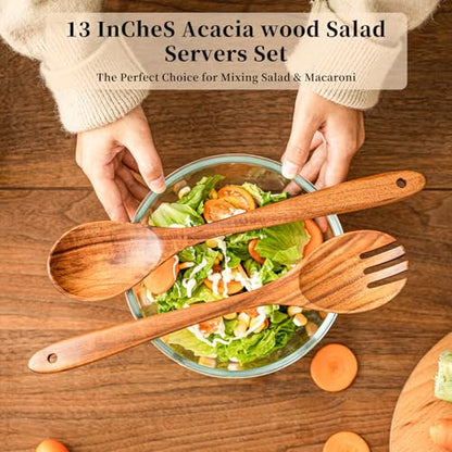 Gudamaye Acacia Wooden Salad Server Set,13 inch Salad Tongs for Serving including Salad Mixing Dinner Fork and Spoon,Long Handle Salad Server Set - color: Acacia