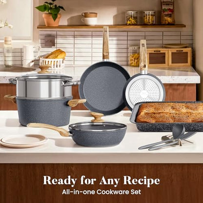 Kitchen Academy Granite Pots and Pans Set Non Stick, Induction Cookware | 17-Piece Gray Cooking Pans and Pots Set, PFOA & PFOS Free. - color: Gray, size: 17 PCS Cookware Set