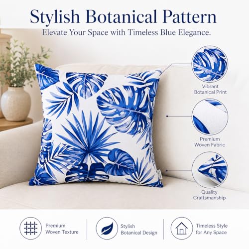 Outdoor Throw Pillows 18×18 Inch Waterproof Pillows with Inserts | Set of 2 Fade Resistant Patio Pillows for Porch Garden Couch and Patio Furniture - color: Blue-palm