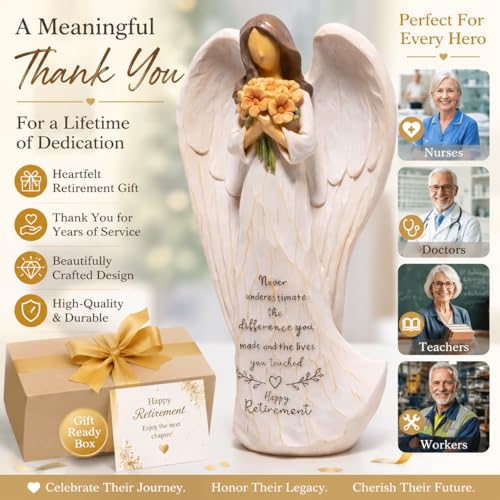 Hodao Retirement Gift for Woman, Angel Figurine with Inspirational Sentiment, Hand-Painted Resin Retirement Keepsake for Coworker, Teacher, Nurse, Friend, Retirement Party Decoration - style: Retirement Gifts