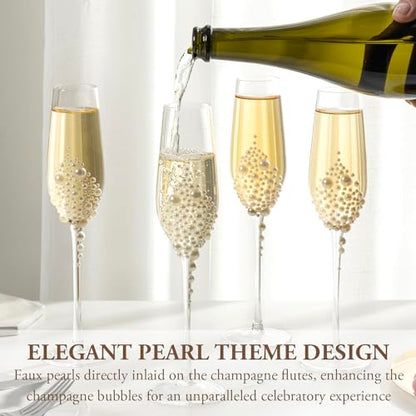 MyGift 6 oz Pearl Champagne Flutes Clear Stemmed Toasting Glasses Set 4 | Faux Pearl Accent, Elegant Stem Design, Perfect for Celebrations, Gift Ready Drinkware, Special Occasion Table Setting - color: White