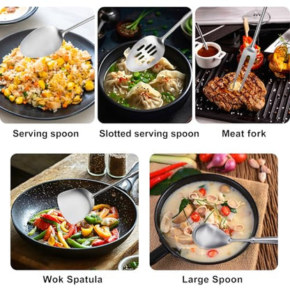 304 Stainless Steel Cooking Utensils Set, 9 PCS Metal Stainless Steel Kitchen Utensils Set, Serving Spoon, Spaghetti Spoon, Skimmer, Meat Fork etc (Dishwasher Safe)