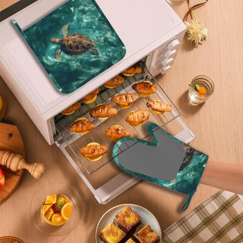 Sea Turtles Ocean Oven Mitts and Pot Holders Sets Silicone Heat Resistant Kitchen Oven Gloves Pot Holder for Cooking Baking Grilling BBQ - color: Sea Turtles Ocean