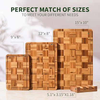 BAMBANG Bamboo Cutting Board for Kitchen with Juice Groove, End-Grain Butcher Block Chopping Boards, Checkered Wooden Cutting Boards Set of 3 with Stand, Knife-Friendly, Serving Tray - color: End Grain