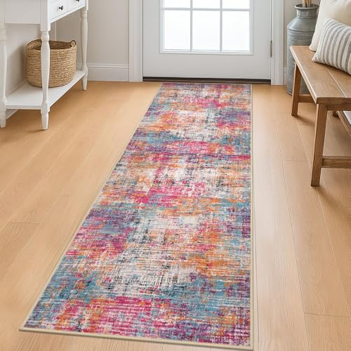 KILOCOCO Runner Rug 2x6 ft Washable Hallway Runner, Pink/Orange/Blue | Machine Washable Kitchen Runner, Non Slip Entryway Runner, Soft Printed Bedside Carpet Runners, Abstract Floor Runners - color: Multi Pink, size: 2' x 6' (Runner)