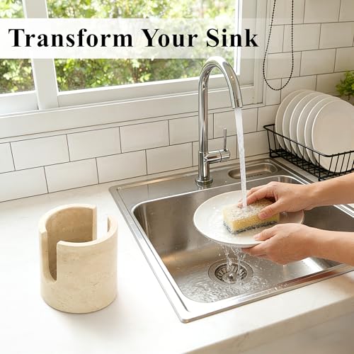 Natural Marble Sponge Holder, Travertine Stone Drying Rack for Kitchen Sink | 1.4 lb Handcrafted Stone Kitchen Sponge Holder with Anti-Slip Pad, Fast Drying Sink Caddy for Kitchen Counter Organizer - color: Travertine Beige