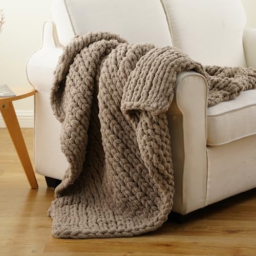 Beige Chunky Knit Throw Blanket, Taupe Chenille Throw Blanket 50"x60" | Handmade Cable Knit Crochet Blanket, Cozy Knot Knitted Throw Blankets for Couch Home Decor - color: Taupe