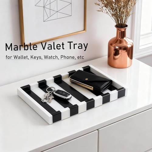 Striped Marble Tray 12", Black White Stone Vanity Organizer | Natural Marble, Bold Striped Veining, for Jewelry and Perfume, on Bathroom Vanity and Dresser, Non-Slip Base - color: Black & White