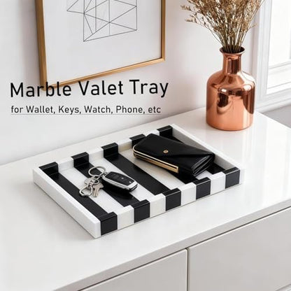 Striped Marble Tray 12", Black White Stone Vanity Organizer | Natural Marble, Bold Striped Veining, for Jewelry and Perfume, on Bathroom Vanity and Dresser, Non-Slip Base - color: Black & White