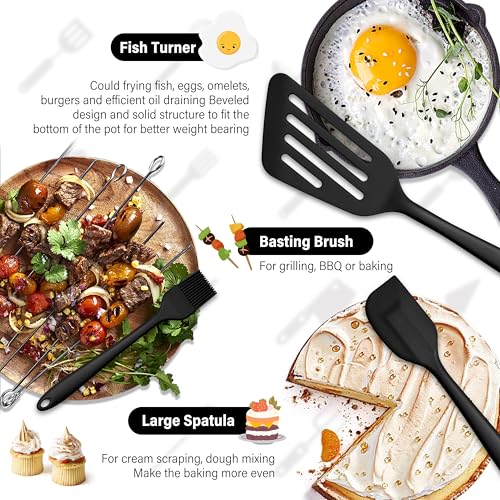 HaWare 11 PCS Silicone Cooking Utensils Set, Black | Heat Resistant, Kitchen Utensils with Holder, Food-grade Spatula Sets for Nonstick Cookware, Include Fish Turner, Spoon - color: Black