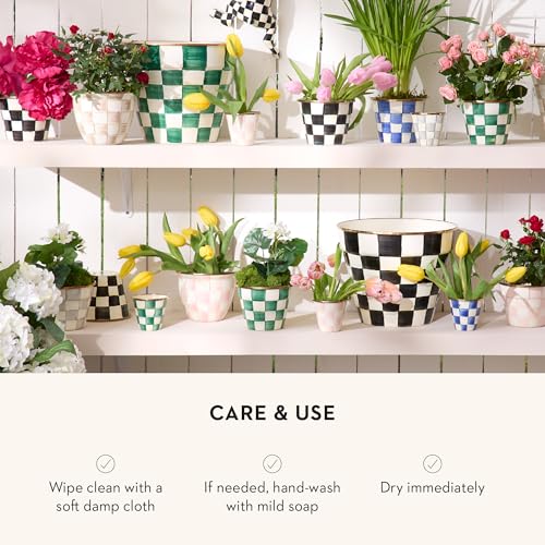 MACKENZIE-CHILDS Enamel Herb Pot Set, Small, Green-and-White Emerald Check | Hand-painted design, small plant pots for herbs or flowers, 3.5" dia. x 3.25" H, 8-ounce capacity per pot, set of 3 - color: Emerald Check
