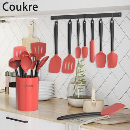 Coukre Silicone Kitchen Cooking Utensils Set, Heat Resistant, 14-Piece | Dishwasher-Safe, Food-Grade Silicone, BPA-Free, Spatulas, Spoons & Turner, Safe for Nonstick Cookware, Red - color: Red