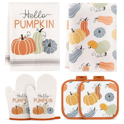 Frienda 6 Pcs Fall Pumpkin Oven Mitts Set for Farmhouse Thanksgiving | Oven Mitts Pot Holders Dish Towels Hello Pumpkin Orange Autumn Kitchen Gift Fall Decor for Farmhouse Autumn Harvest Baking - style: Fall