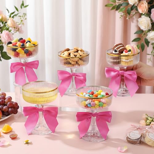 Set of 24 Plastic Champagne Coupe Glasses with Bow 7 oz Gold Champagne Tower Set Stackable Acrylic Ribbed Martini Glasses Cocktail Coupe Cup for Wedding Birthday Party Bar(Ribbon,Hot Pink) - color: Hot Pink, style: Ribbon