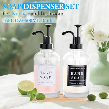 Dish and Hand Soap Dispenser,Set of 2 * 16.9oz | Glass Soap Dispenser with Black Pump,Tray,Funnel,500ML Countertop Soap and Lotion Dispenser for Kitchen, Bathroom,Shower - color: Ks-5010-34y-2b