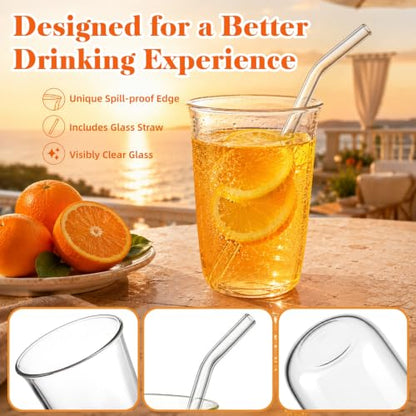 6 Pieces Drinking Glasses with Straw, 16 Oz Clear Water Glass Set | Lead-free Highball Glass Cup Kitchen Glassware for Juice, Beverage, Cocktail, Ice Tea, Coffee, Soda