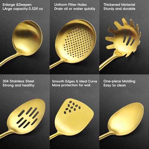 Izurok 18/10 Stainless Steel Kitchen Utensils Set,6 Piece Cooking Utensils With Wood Handle,Heat Resistant Kitchen Tool Set With Spatula, Spoon, Ladle, Skimmer, Slotted Spoon, Pasta - color: GOLD-6 Pieces, size: Large