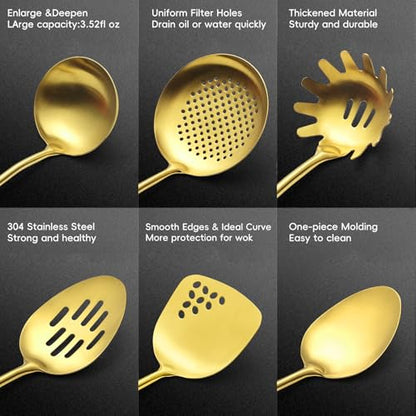Izurok 18/10 Stainless Steel Kitchen Utensils Set,6 Piece Cooking Utensils With Wood Handle,Heat Resistant Kitchen Tool Set With Spatula, Spoon, Ladle, Skimmer, Slotted Spoon, Pasta - color: GOLD-6 Pieces, size: Large