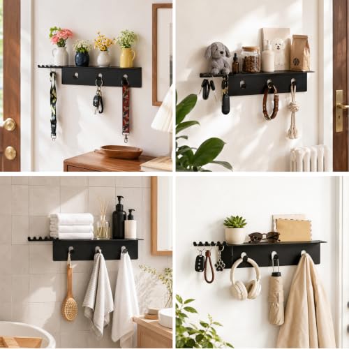 Wall Mounted Coat and Key Rack, Durable Entryway Hanger for Hats & Bags | Entryway Shelf with Hooks, Wall Organizer for Keys, Coats, Bags, Multi-Use Storage & Décor Shelf for Hallway, Bedroom, Office