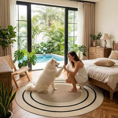 LUMI 4' Round Natural Jute Area Rug, Braided Farmhouse Rug - color: Vanilla Veil, size: 4'x4'