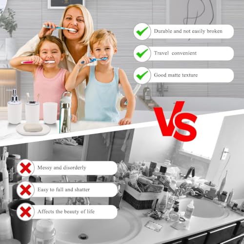 LGURT 4-Pc White Bath Accessories Set — Dispenser, Holder, Cup & Dish | Matte Plastic, Bathroom Vanity, Counter Organizer, Soap Dish & Rinse Cup, Gift - color: White