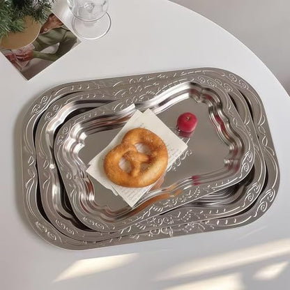 Metal Food Tray Stainless Steel Floral Engraved Party Platters for Displaying Fruits Dessert and Cupcakes Wedding Decors Metal Engraved Serving Tray