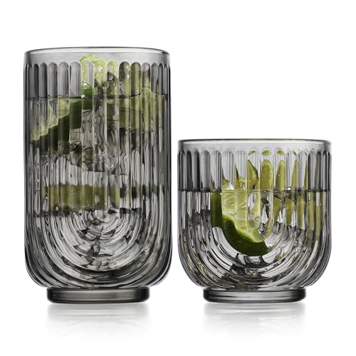 16 Piece Smoke Glassware Set, Beautiful Art Deco Black Drinking Glasses, Ribbed U-Shape Design, 8 Highball 17oz and 8 Whiskey 11oz DOF Handwash Only - style: Smoke S/16 17oz 11oz