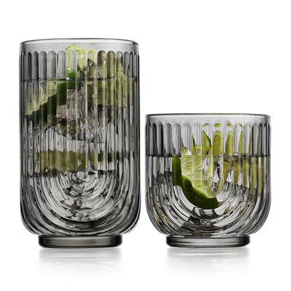 16 Piece Smoke Glassware Set, Beautiful Art Deco Black Drinking Glasses, Ribbed U-Shape Design, 8 Highball 17oz and 8 Whiskey 11oz DOF Handwash Only - style: Smoke S/16 17oz 11oz
