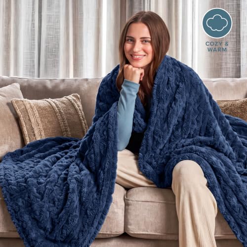 Bare Home Faux Shearling Blanket (Full/Queen, Cable Dark Blue) | Blanket for Bed, Sofa, Couch, Camping, Travel, and Gifts, Warm & Lightweight, Fluffy & Soft - color: 13 - Cable Dark Blue, size: Full/Queen