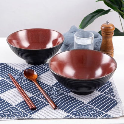 Ceramic Japanese Ramen Bowl Set, 2 Sets Asian Pho Udon Soup Noodle Bowls with Spoons and Chopsticks (Red, 8 inches) - color: Red