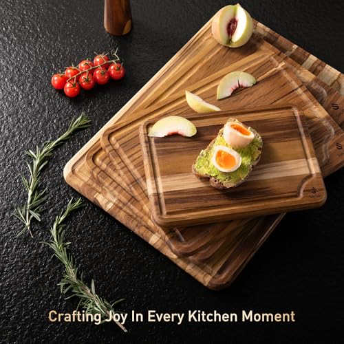 4 Pack Teak Wood Cutting Board Set for Kitchen Heavy Duty Non Toxic Non Slip Solid Thick Wood Haus Chopping Board Extra Large Big Small Meat Best Essential House Warming Hostess Host Gift - style: Set of 4 with Holder
