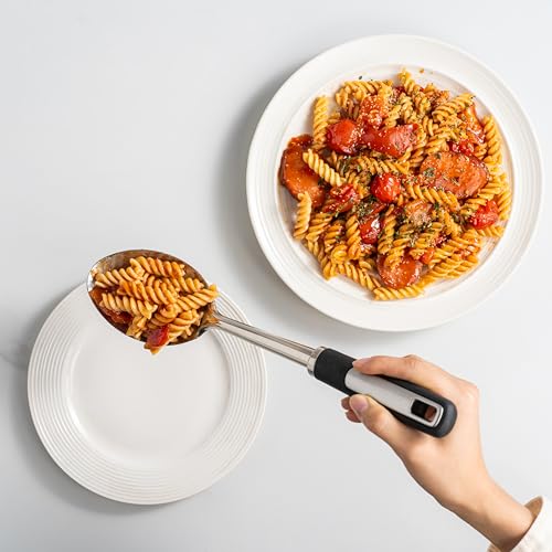 Stainless Steel Serving Spoon Set with Heat-Resistant Handles,3-Piece | Includes a serving spoon, slotted spoon, and deep soup ladle with ergonomic heat-resistant handles for cooking and serving.