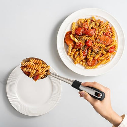 Stainless Steel Serving Spoon Set with Heat-Resistant Handles,3-Piece | Includes a serving spoon, slotted spoon, and deep soup ladle with ergonomic heat-resistant handles for cooking and serving.