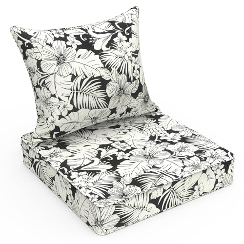 LVTXIII Outdoor Deep Seat Cushion Patio Seat and Back Cushion Set Seasonal Chair Cushion for Dining Arm Chairs, Wicker Chairs and Garden Furniture Decoration, 22"x22"x4", Tropical Blossom Noir - color: Tropical Blossom Noir, size: 22x22x4