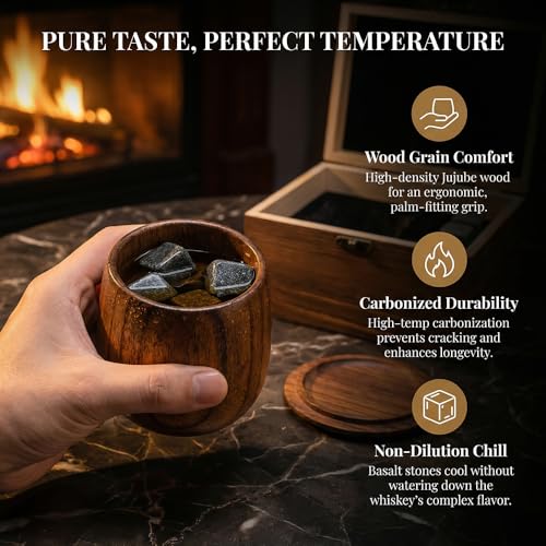 Charred Wooden SignatureHour Whiskey Glasses Wooden Set with Premium Whiskey Stones – Perfect Birthday, Anniversary, Bachelor for Men