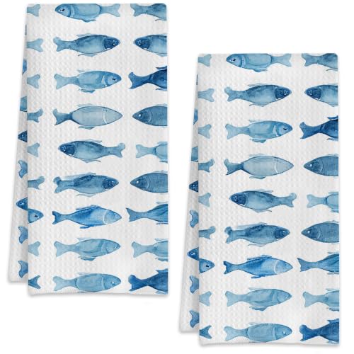 Abstract Watercolor Blue Ocean Fish Hand Towels for Bathroom Set of 2,Soft Absorbent Waffle Weave Kitchen Towels Dish Towel,Decorative Bathroom Towel for Kitchen Yoga Home Decor 16X24 Inch - color: Abstract Watercolor Blue Ocean Fish