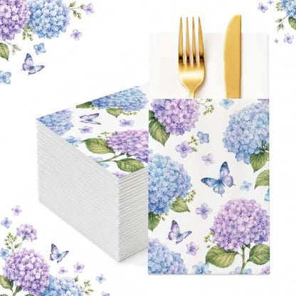 Hydrangea Linen Feel Pocket Napkins for Wedding Bridal Shower Supplies | Hydrangea Garden Design,Premium Linen Feel Paper,Built-In Flatware Pocket,Wedding, Baby Shower, Garden Party - color: Hydrangea