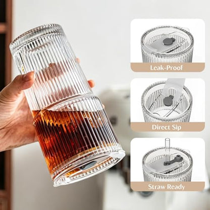INSETLAN 20 oz Ribbed Glass Tumblers with Lids and Glass Straws – 2-Piece Glassware Set, Heavy-Duty Tumblers, Ideal for Iced Coffee, Smoothies, Cocktails, and Juices – Elegant and Durable Drinkware