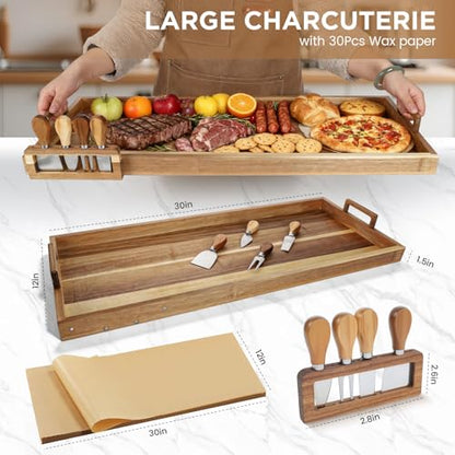 Large Charcuterie Board 30x12 Inch with Cheese Knife Set Acacia Wood | Extra Large Acacia Wood Board with Handles,30PCS Wax Paper Inlucded,Long Serving Tray for Party,Picnic and Home Entertaining - size: 30 Inches