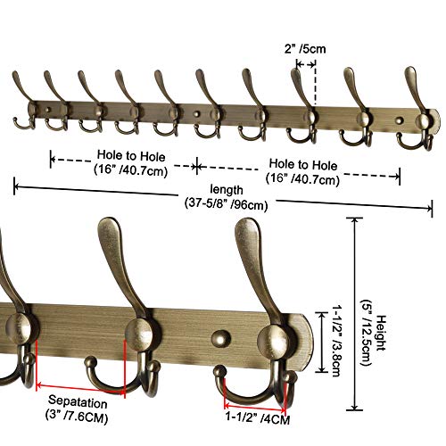 Coat Rack Wall Mount - 38” Long 10-Tri-Hooks Heavy Duty Coat Hanger Rail Wall Hooks for Hanging Coats Hats Clothing Clothes Purse Mudroom Entryway, Bronze - color: Bronze, size: L=38” (1 Pcs)
