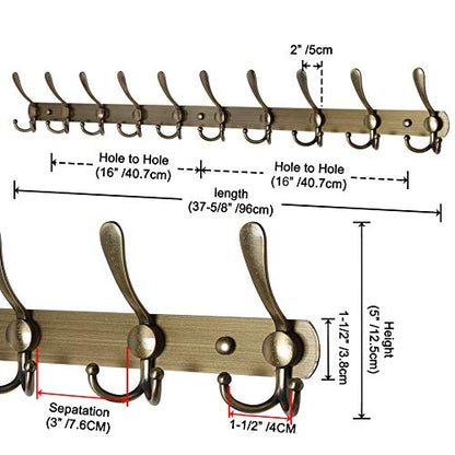 Coat Rack Wall Mount - 38” Long 10-Tri-Hooks Heavy Duty Coat Hanger Rail Wall Hooks for Hanging Coats Hats Clothing Clothes Purse Mudroom Entryway, Bronze - color: Bronze, size: L=38” (1 Pcs)