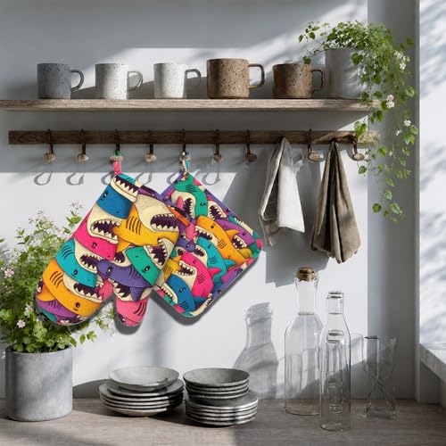 Cartoon Shark Oven Mitts and Pot Holders Sets Non-Slip Silicone Surface for BBQ Gloves,Kitchen,Cooking,Baking,Grilling - color: Cartoon Shark