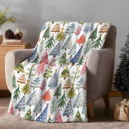 Christmas Tree Throw Blanket, Abstract Pink Blue Green Tree Super Soft Warm Flannel Blankets for Bed Couch Sofa Cute Graffiti Xmas Winter Lightweight Fluffy Plush Bed Throws 40x50 Inch - color: Pink Blue Gray, size: 40''x50''