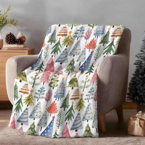 Christmas Tree Throw Blanket, Abstract Pink Blue Green Tree Super Soft Warm Flannel Blankets for Bed Couch Sofa Cute Graffiti Xmas Winter Lightweight Fluffy Plush Bed Throws 50x60 Inch - color: Pink Blue Gray, size: 50''x60''